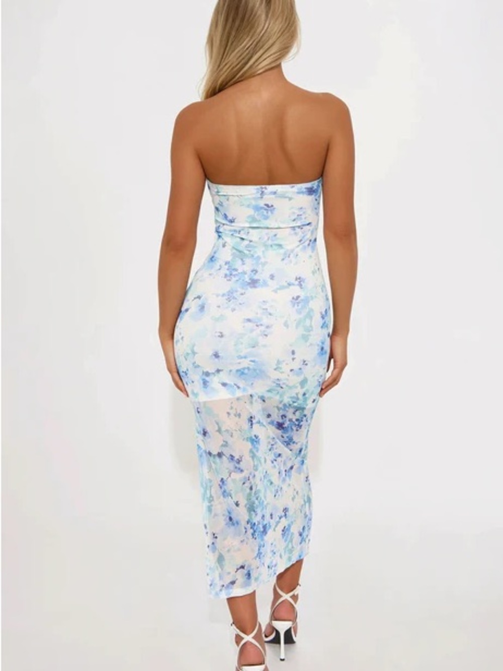 🥶 Fashion Nova Strapless Light Blue Floral Midi Dress - Picture 7 of 7